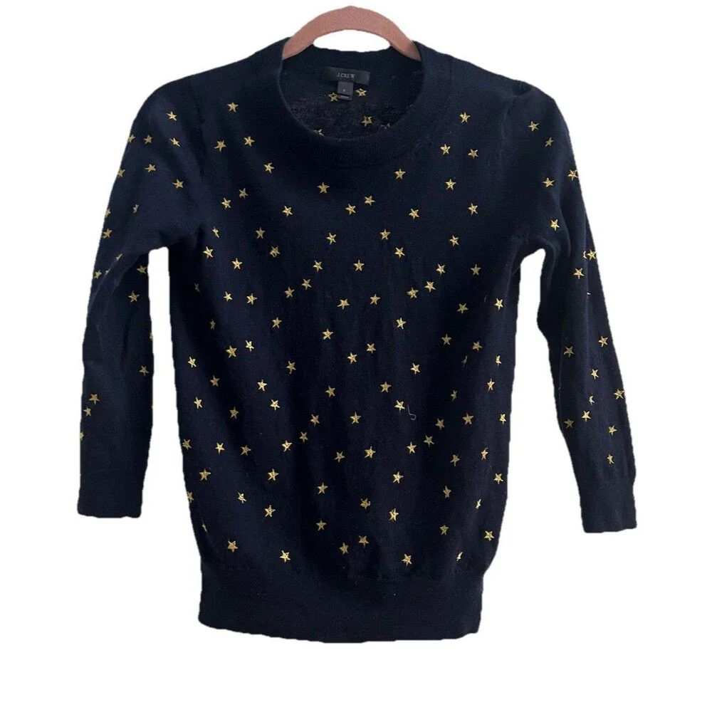J. Crew Tippi Navy Sweater Embroidered Gold Stars 100% Merino Wool Size Small